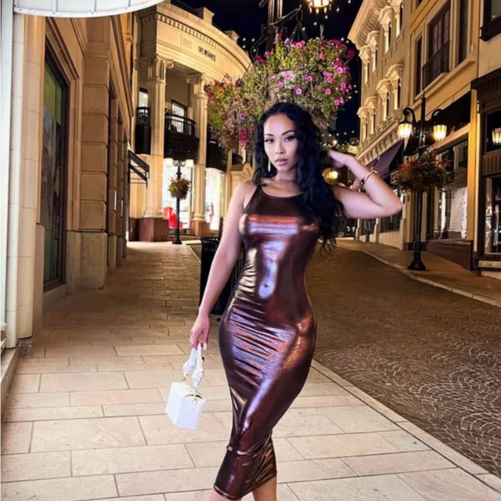 Pink Plastic Nina Maxi Dress- Sleek Metallic Brown Bodycon Evening Dress
